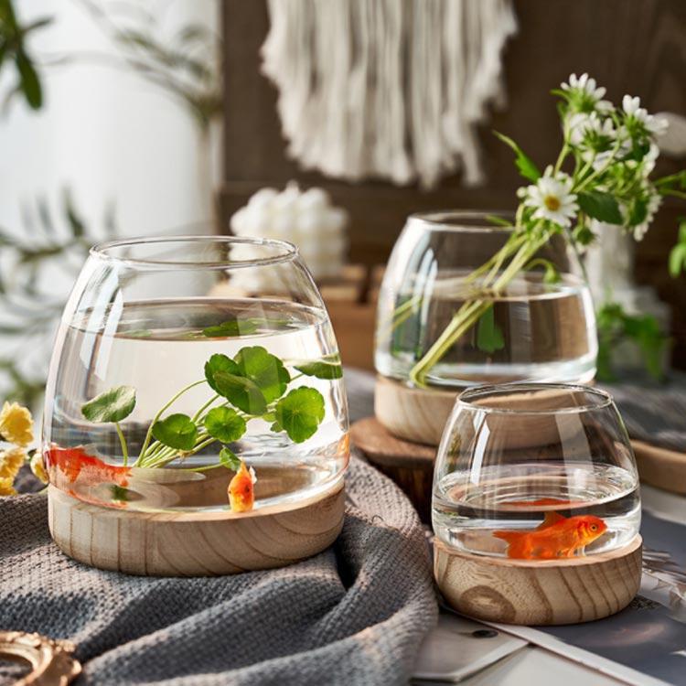 水槽 金魚鉢 ガラス製 天然木 丸型 メダカ鉢 透明 クリア 鉢 多機能 