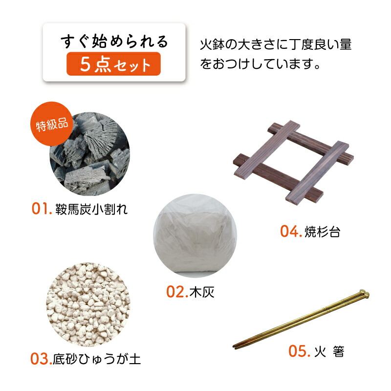 信楽焼 手あぶり火鉢 5点セット 砂釉金彩6号（火ばし穴あり＋火箸＋焼杉台＋灰炭セット（鞍馬炭特級品小割れ 500g＋木灰 1.5L＋ひゅうが土  1L） _tb : hb-049 : 石田精華園 Yahoo!店 - 通販 - Yahoo!ショッピング