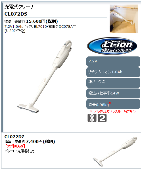 マキタ（makita） 充電式クリーナ 7.2V CL072DZ 紙パック式 本体のみ