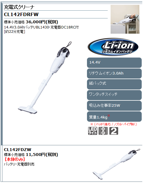 マキタ（makita） 充電式クリーナ 14.4V CL142FDZW+バッテリBL1430＋