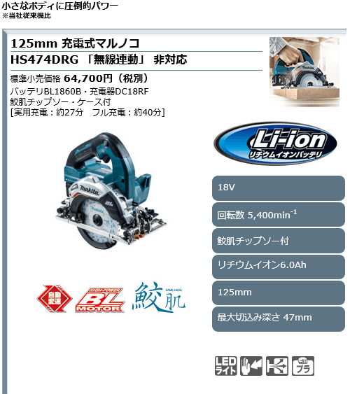 マキタ 18V 125mm 充電式丸ノコ HS475DZ 無線連動タイプ 本体のみ(鮫肌チップソー付/バッテリ・充電器・ケース・ワイヤレスユニット別売)