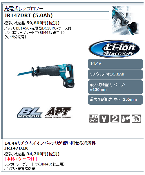 マキタ 充電式レシプロソー 14.4V 6.0Ah JR147DRG (バッテリ1本・充電