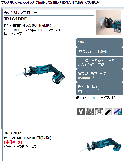 マキタ 充電式レシプロソー 18V JR184DZ 本体のみ(バッテリ・充電器