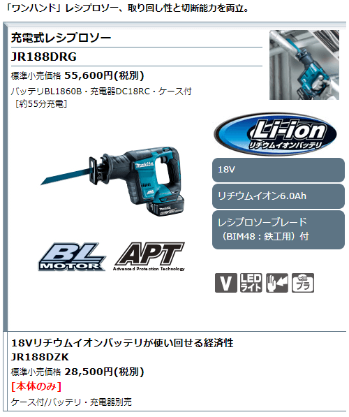 マキタ 充電式レシプロソー 18V JR188DZK 本体のみ(ケース付/バッテリ