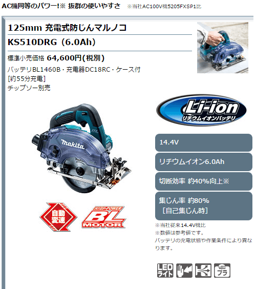 マキタ 125mm 充電式防じんマルノコ 14.4V KS510DZ 本体のみ(バッテリ