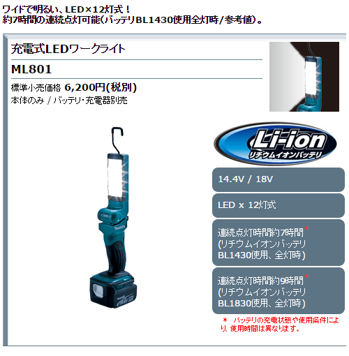 マキタ　14.4V/18V　充電式LEDワークライト　ML801+バッテリBL1860B+充電器DC18RF