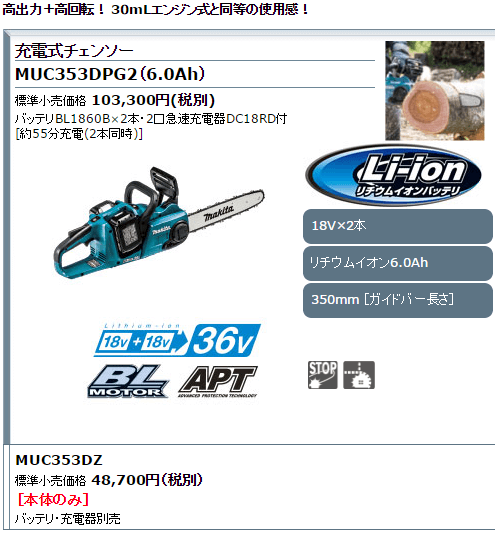 マキタ 充電式チェンソー 300mm 18V+18V→36V MUC303DPG2 (バッテリ 