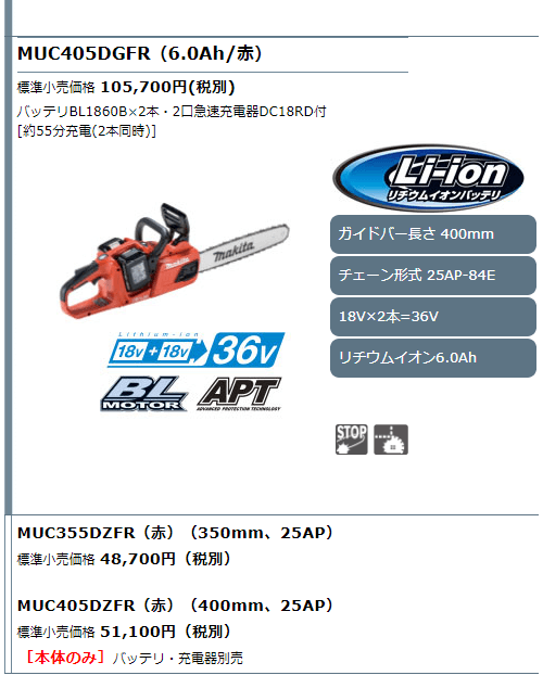 マキタ 充電式チェンソー 18V+18V→36V MUC405DZFR 本体のみ(バッテリ