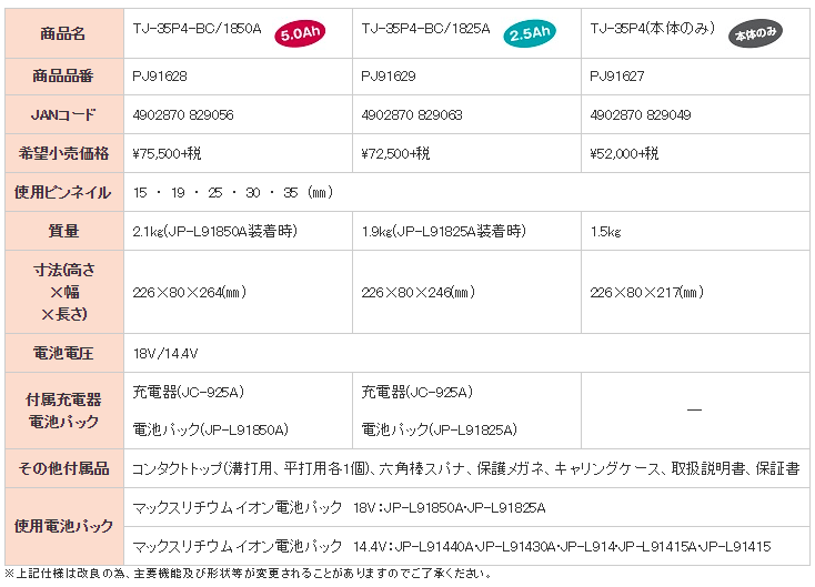 マックス MAX マックス 充電式ピンネイラ 14.4V/18V TJ-35P4 マックス MAX マックス 充電式ピンネイラ 14.4V/18V TJ-35P4