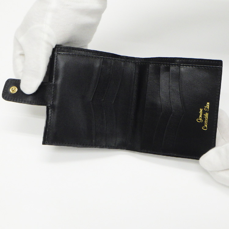 〓天然皮革〓メンズ二つ折り財布◆ナイルクロコダイル革/センター１枚取り◆黒／シャイニング仕上◆WL14-BK 天然皮革 メンズ二つ折り財布 ナイルクロコダイル革/センター1枚取り
