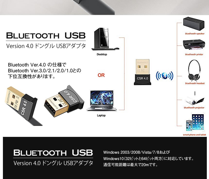 Bluetooth USB Version 4.0 ドングル USBアダプタ パソコン PC 周辺