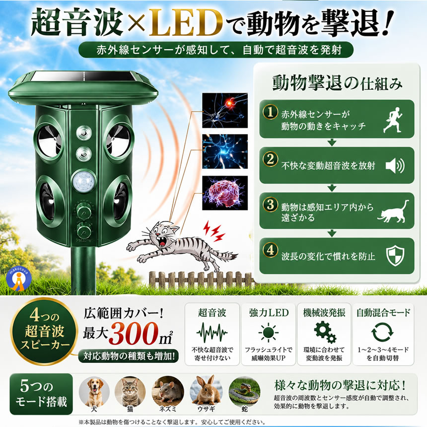 5個セット 動物撃退器 害獣撃退 4個超音波スピーカー 広範囲 強力LED
