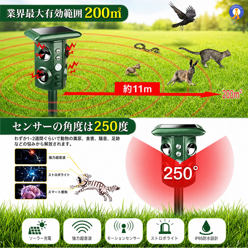 5個セット 動物撃退器 害獣撃退 4個超音波スピーカー 広範囲 強力LED