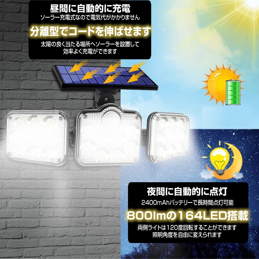 ソーラーライト 屋外 明るい 人感センサー 分離型 3灯式 164LED 5ｍコード 防犯 高輝度 SATOU｜ishino7｜05