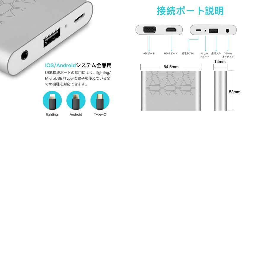 5個セット HDMI VGA変換アダプタ 全対応 Lightning Micro USB iphone ipad Andriod スマホ HDVGAADA｜ishino7｜04
