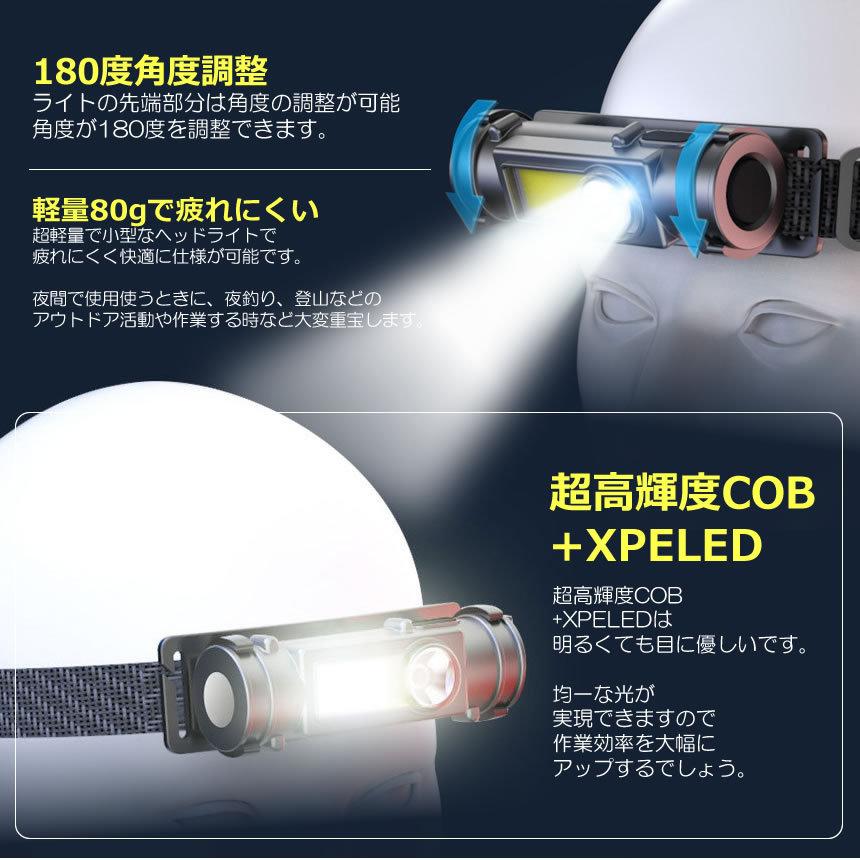 USB充電式 超小型 LEDヘッドライト 2個セット 爆光 高輝度 COB XPELED 作業灯 マグネット搭載 磁石 ランプ 軽量 耐久性 懐中電灯  登山 釣り 2HESAGY