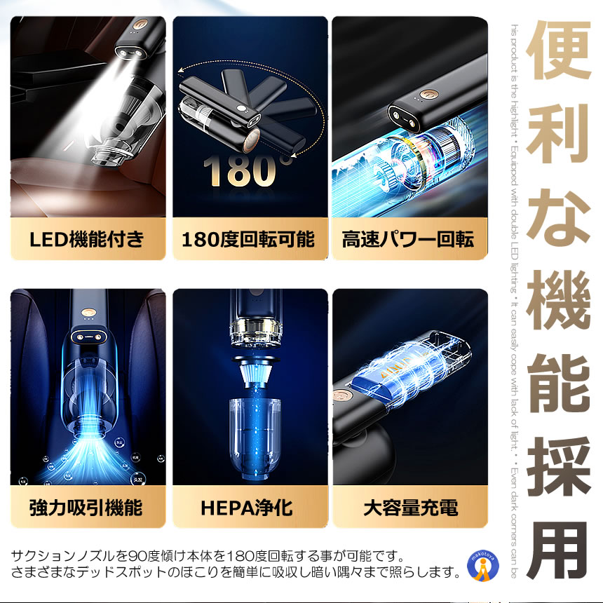 2個セット パワフル LED ハンディ 掃除機 コードレス 高速回転 エアポンプ機能 クリーナー 180度回転 PEPAフィルタ 掃除 軽量 長時間 ワイヤレス POWERCL｜ishino7｜03