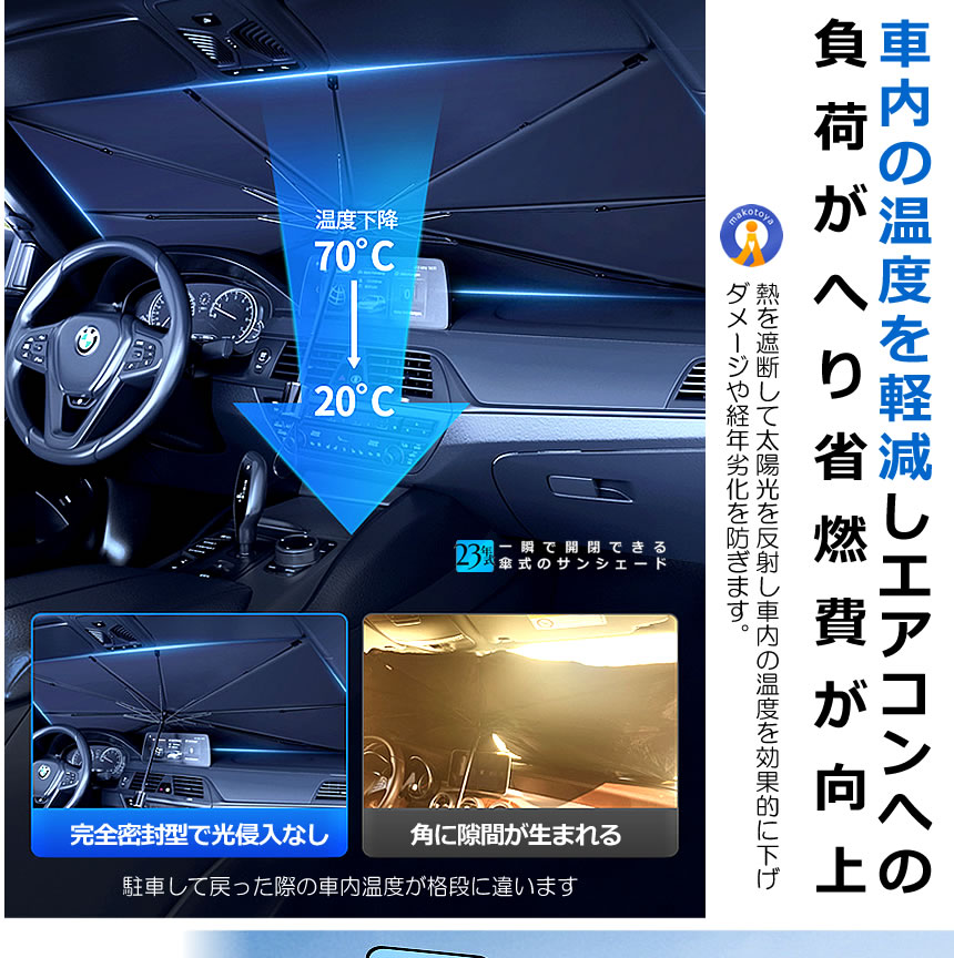 サンシェード 傘型 車 2個セット 簡単開閉 10本骨 丈夫 フロント フロントガラス 日よけ 折りたたみ傘 頑丈チタン構造 遮光 断熱 日焼け防止 UVカット HIYOSIN |  | 05