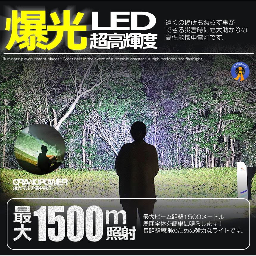 5個セット グランドパワー 懐中電灯 爆光 LED 1500m COB 4点灯モード マグネット 脱出ハンマー ベルトカッター 災害 高輝度 GURAKAI｜ishino7｜06