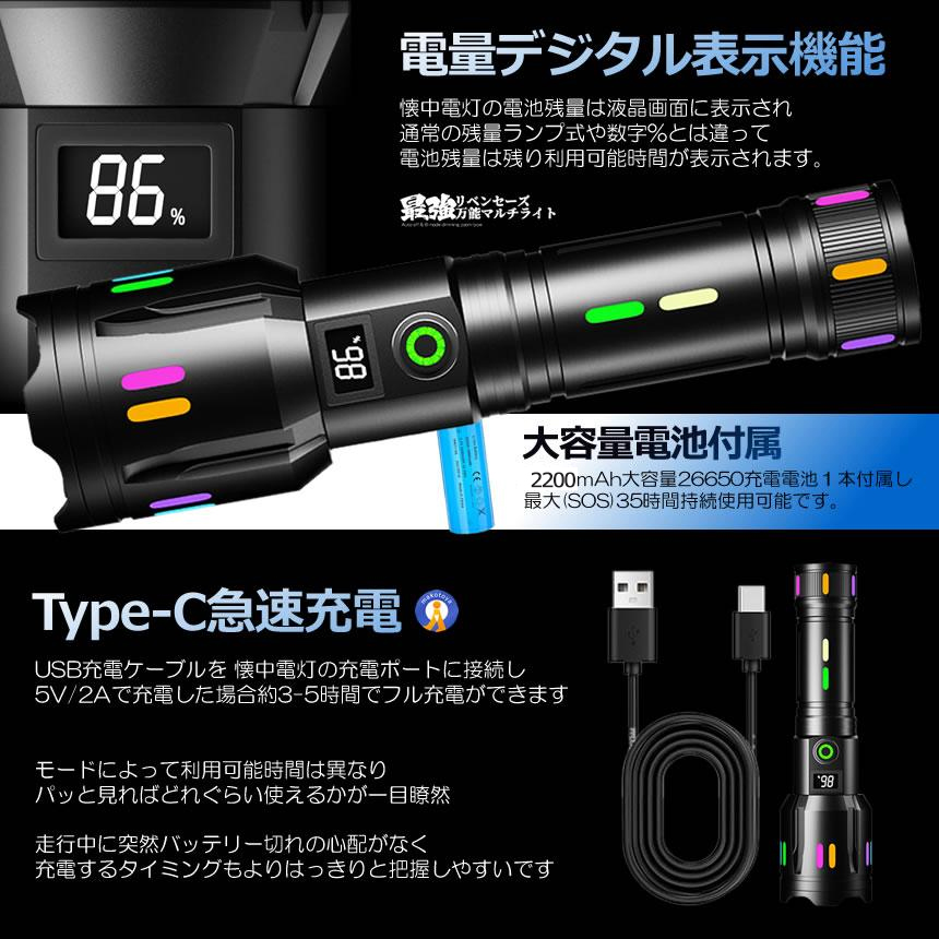 2個セット 最強 懐中電灯 led 強力 液晶画面デジタル 2000LM 5つの点灯