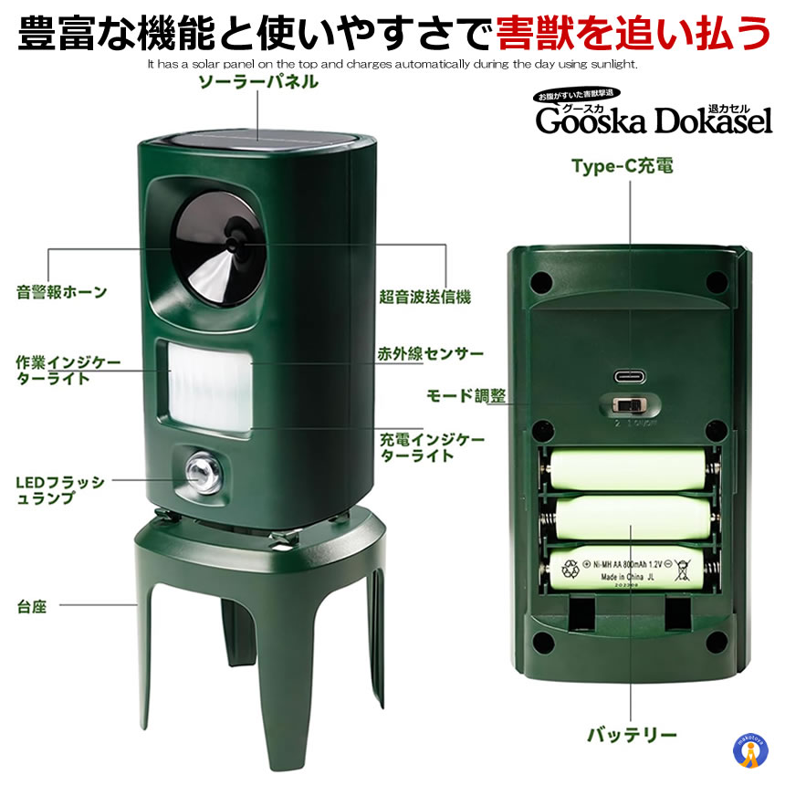 2個セット 超音波 動物撃退器 猪 カラス 猫 鹿 畑 庭 害獣対策器