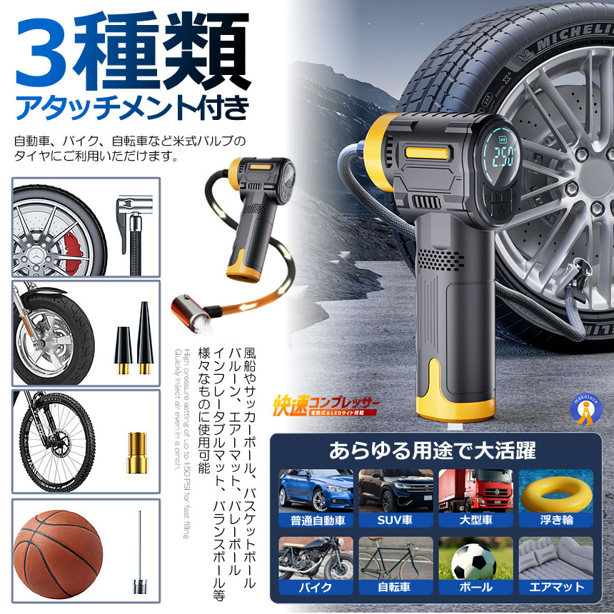 5個セット 電動 エアーコンプレッサー 12V 空気圧 液晶 小型 強力 洗車