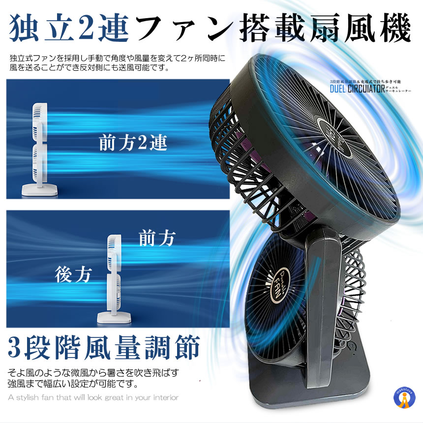 2個セット ツインファン 扇風機 サーキュレーター 充電式 2連 静音 