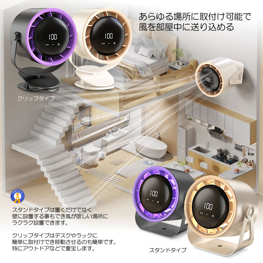2個セット 扇風機 ハンディファン LEDライト サーキュレーター 卓上 