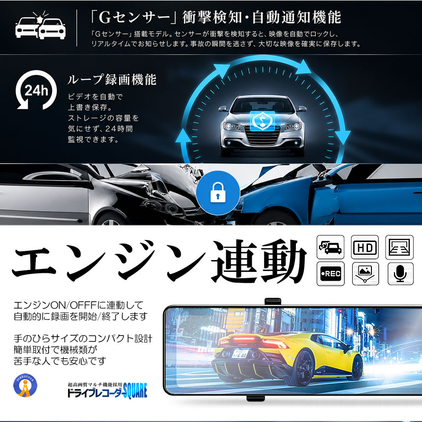 全画面液晶 ドライブレコーダー 前後 ミラー型 2カメラ 12インチ 超大