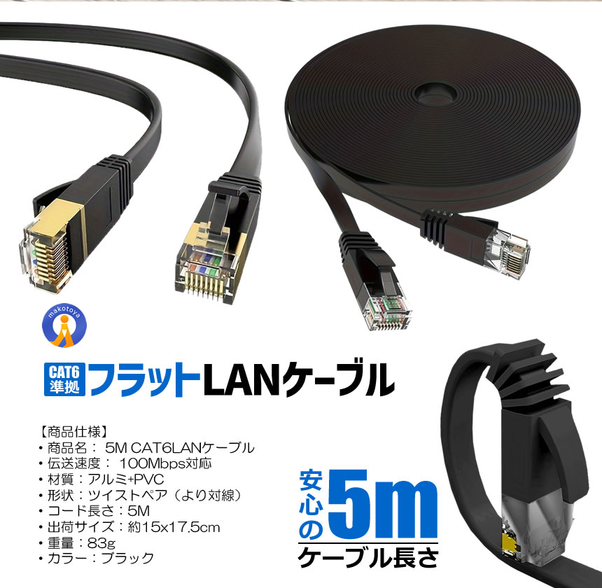 2個セット LANケーブル 5m 極薄 フラットケーブル CAT6準拠 5mm厚 RJ45
