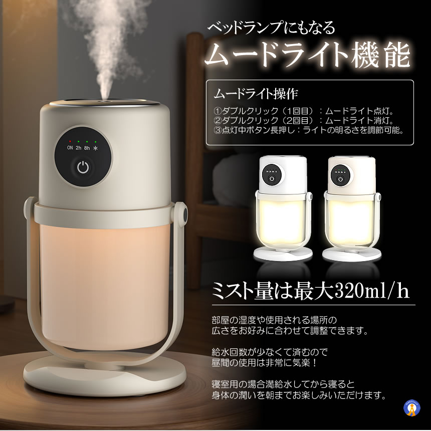 角度調整式 超音波加湿器 ミニ 卓上 車載対応 Type-C給電 静音 ムード