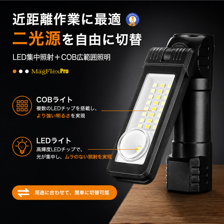 マグネット付き LED作業灯 充電式 COBライト ヘッドライト対応 Type-C