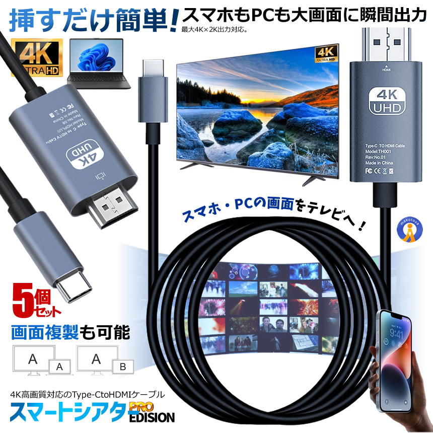 5個セット Type-C to HDMI 変換ケーブル 2m USB-C ケーブル 4K対応 