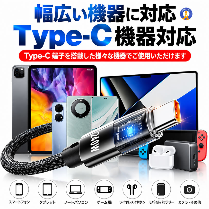 急速充電器 超小型 Type-Cケーブル付属 幅広い互換性 2本セット USB Type-C 超高速 充電ケーブル スマホ 超急速充電 高耐久