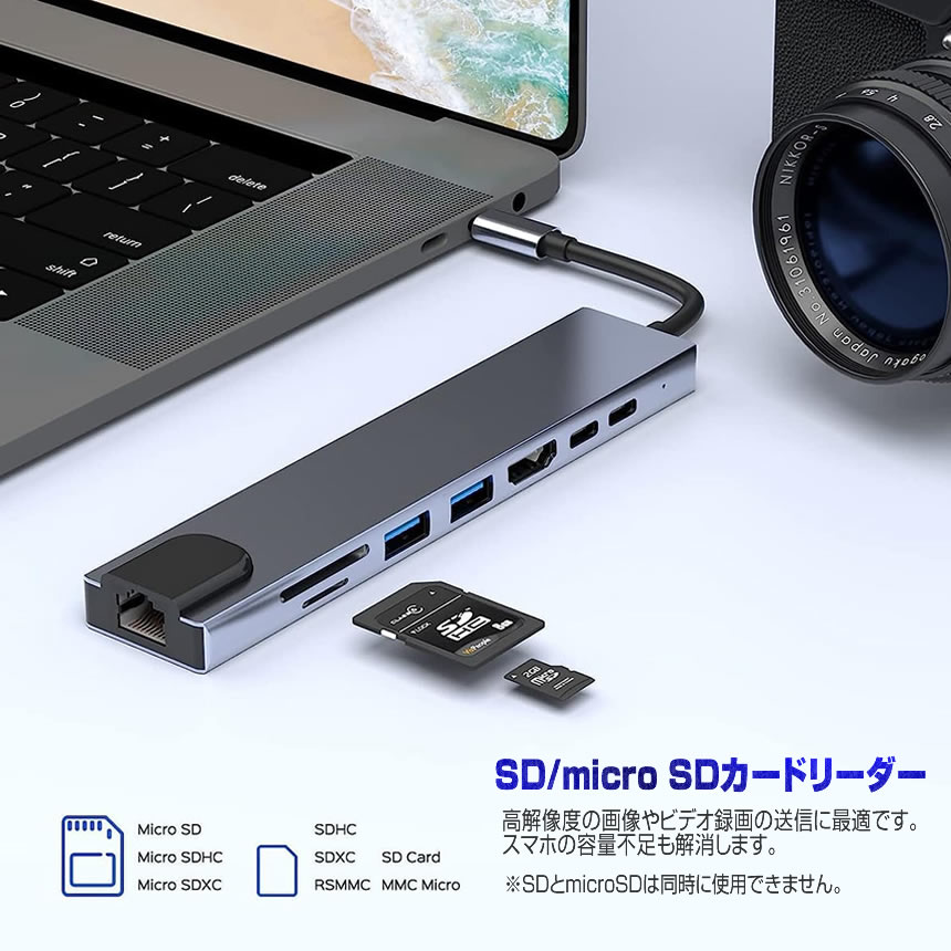 2個セット 8in1 USBハブ typeC USB ドッキングステーション LANポート HDMI SDカード microSD A1140C｜ishino7｜06