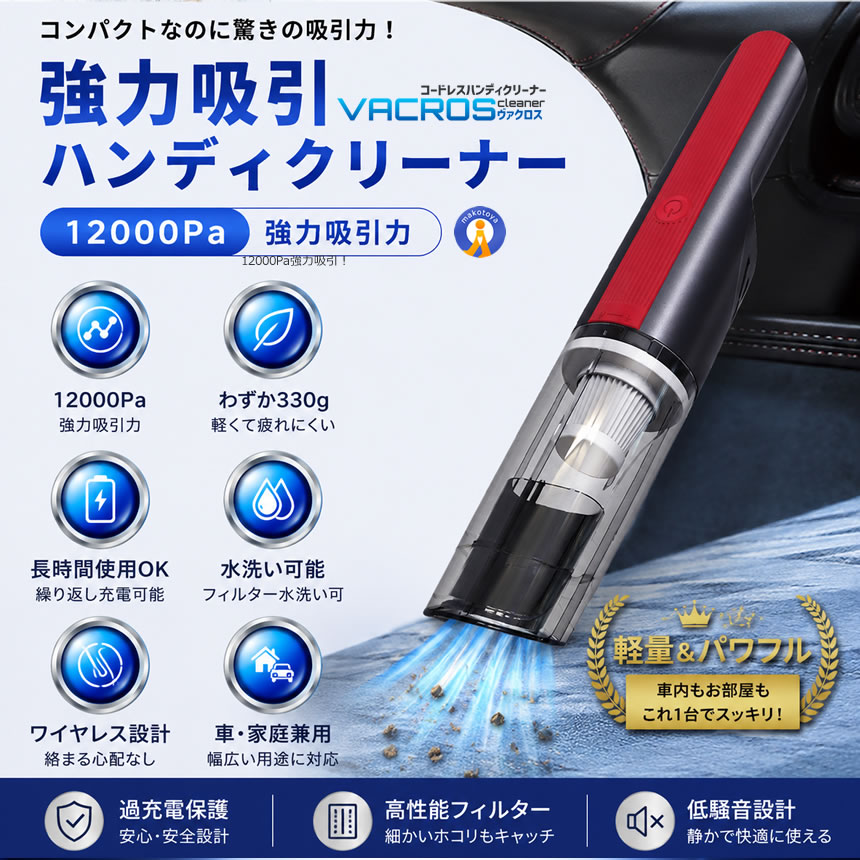 2個セット 12000Pa強力吸引 コードレス ハンディクリーナー 車載掃除機
