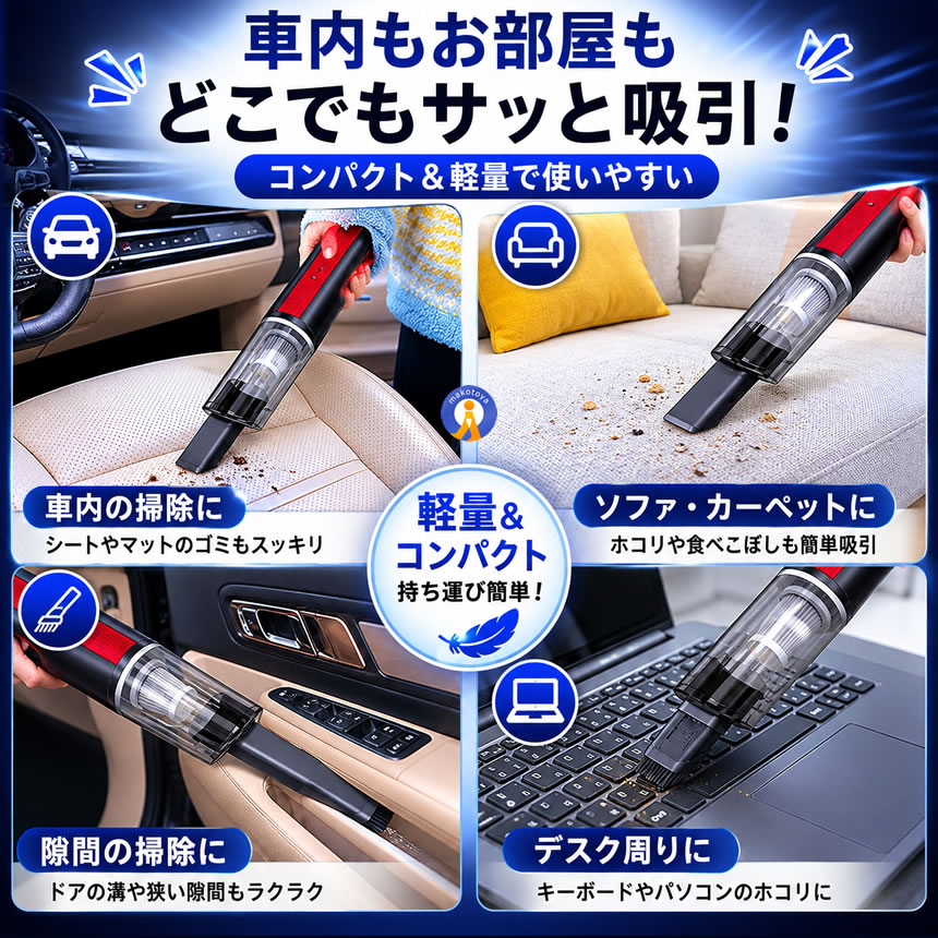 12000Pa強力吸引】コードレス ハンディクリーナー 車載掃除機 USB充電