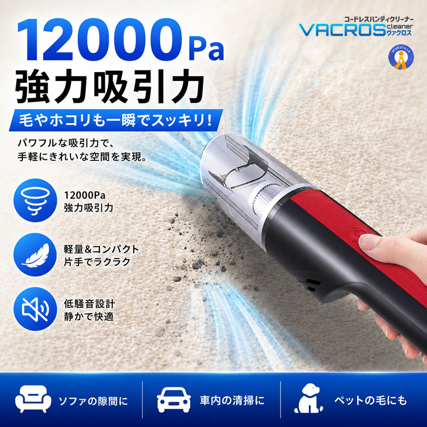 2個セット 12000Pa強力吸引 コードレス ハンディクリーナー 車載掃除機