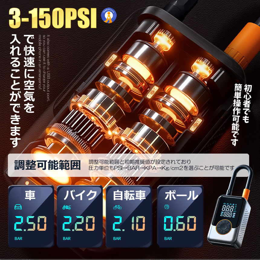 空気入れ 2026 電動 ワイヤレス 150PSI 車 自転車 バイク ボール