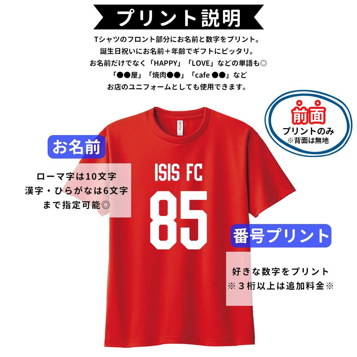 オーダーメイド 前プリント 半袖ドライTシャツ 3L〜5L 背番号 名入れ