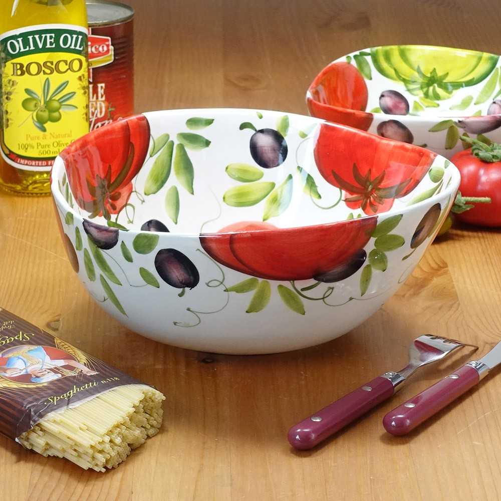 ●未使用●モレッティcario●手描きエナメル絵付サラダボール 大きいサイズ● イタリア製 トマト柄 サラダボウル 深め 陶器 食器 ハンドメイド