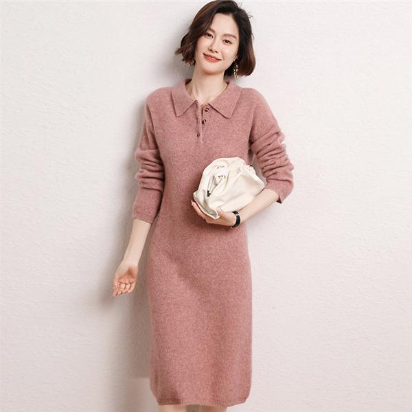 ニットワンピース レディース セーター カシミヤタッチ 折り襟 ロング丈 秋 冬 上品 通勤 無地 高級感 暖かい 普段着 防寒 着痩せ 母の日_1