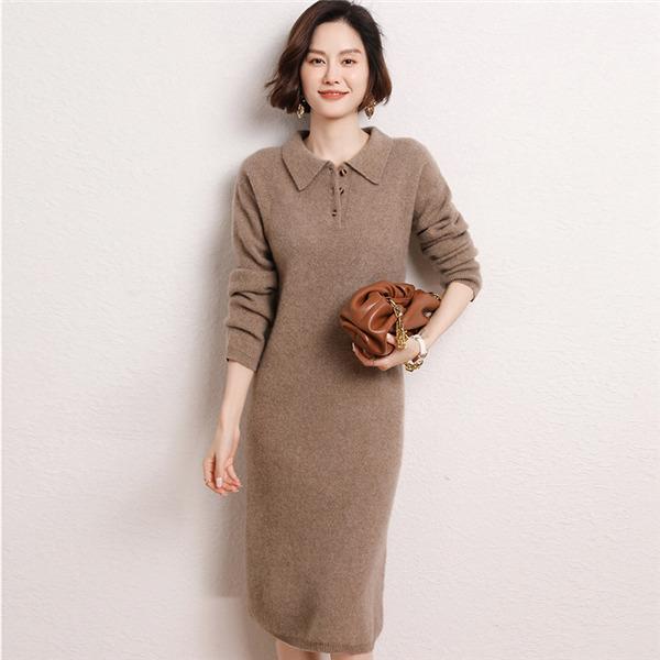 ニットワンピース レディース セーター カシミヤタッチ 折り襟 ロング丈 秋 冬 上品 通勤 無地 高級感 暖かい 普段着 防寒 着痩せ 母の日_4