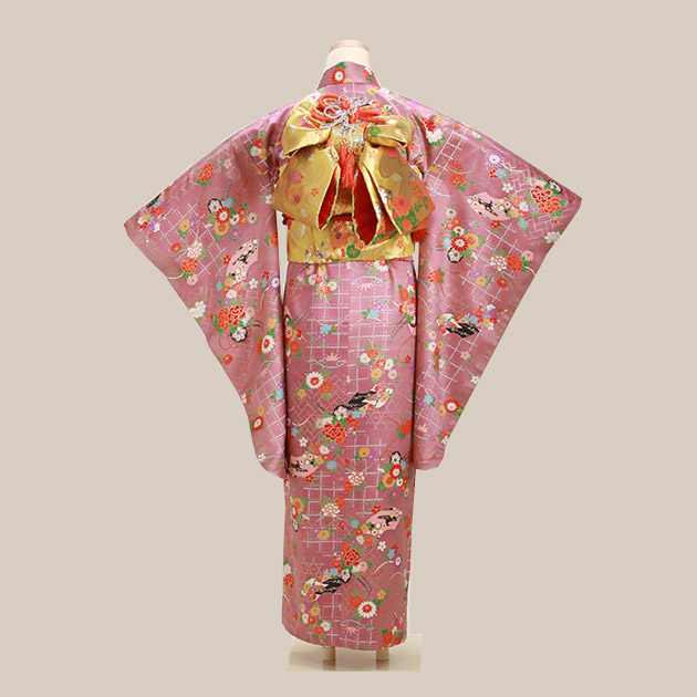 十三参り 着物 子供振袖レンタル 紅色 花車・扇面 130 着物レンタル