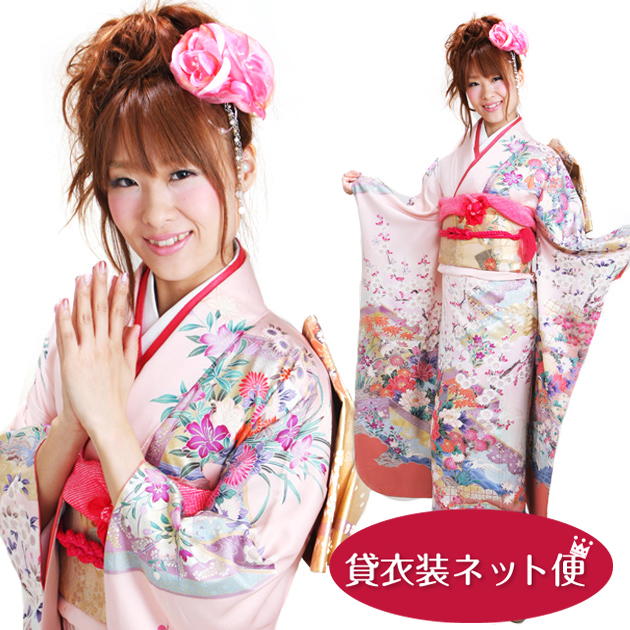 成人式 1月使用 振袖 レンタル ピンク色 花鳥 NT-100-sei 送料無料 振袖レンタル 成人式 成人式着物 1月 振袖 レンタル レンタル振袖