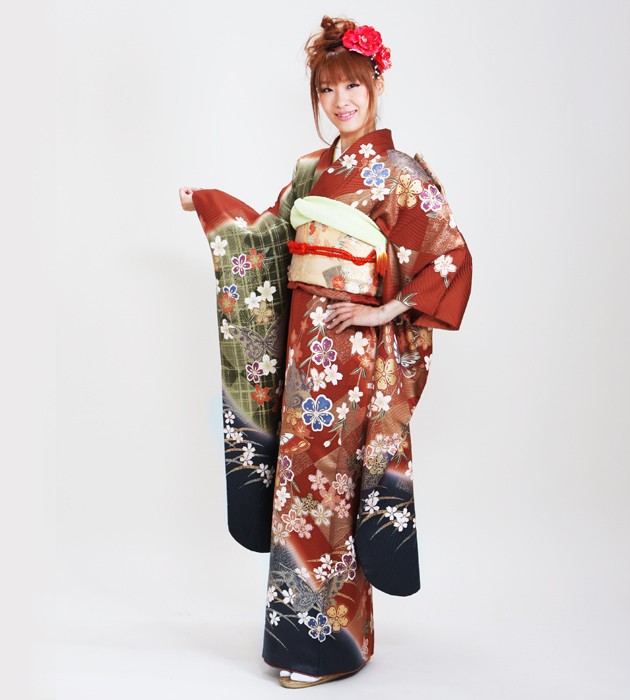 成人式 1月使用 振袖 レンタル ダークオレンジ・茶色 桜に蝶 NT-128-sei 送料無料 振袖レンタル 成人式 成人式着物 1月 振袖 レンタル レンタル振袖