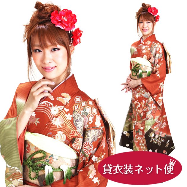 振袖レンタル 成人式 成人式着物 1月 振袖 レンタル レンタル振袖 赤 四季花に蝶 NT-121-sei 送料無料