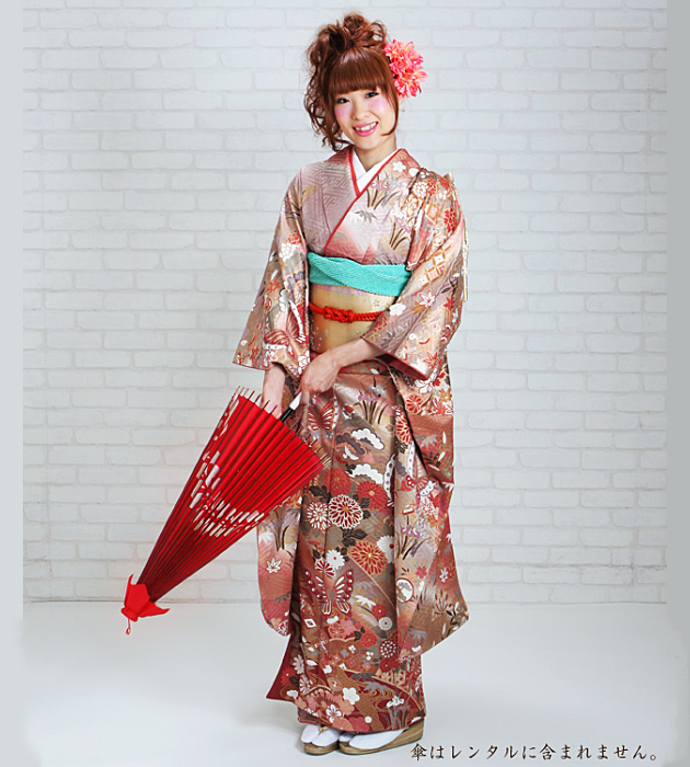 成人式 1月使用 振袖 レンタル ピンク・ベージュ色 蝶に四季花宝づくし NT-124-sei 送料無料 振袖レンタル 成人式 成人式着物 1月 振袖 レンタル レンタル振袖