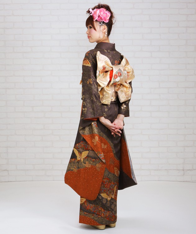 成人式 1月使用 振袖 レンタル 茶色 熨斗に蝶 NT-181-sei 送料無料 振袖レンタル 成人式 成人式着物 1月 振袖 レンタル レンタル振袖 茶色