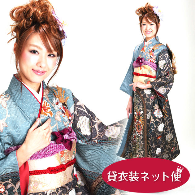 振袖レンタル 振袖 レンタル レンタル振袖 結婚式 参列 ブルーグレー 唐花 NT-169 送料無料